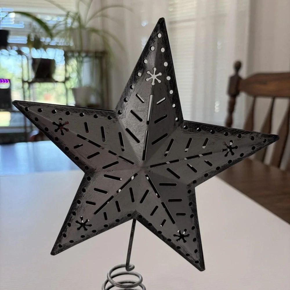 Vintage 1990s Tree Topper Silver Metal Star Spring Base Rustic Christmas